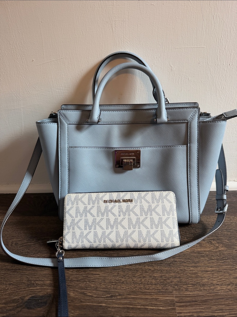 Michael Kors Light Blue Saffiano Leather Satchel with MK Logo Wallet